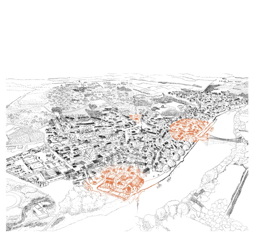 Croquis vue aérienne de Chalonnes-sur-Loire et identification des sites stratégiques