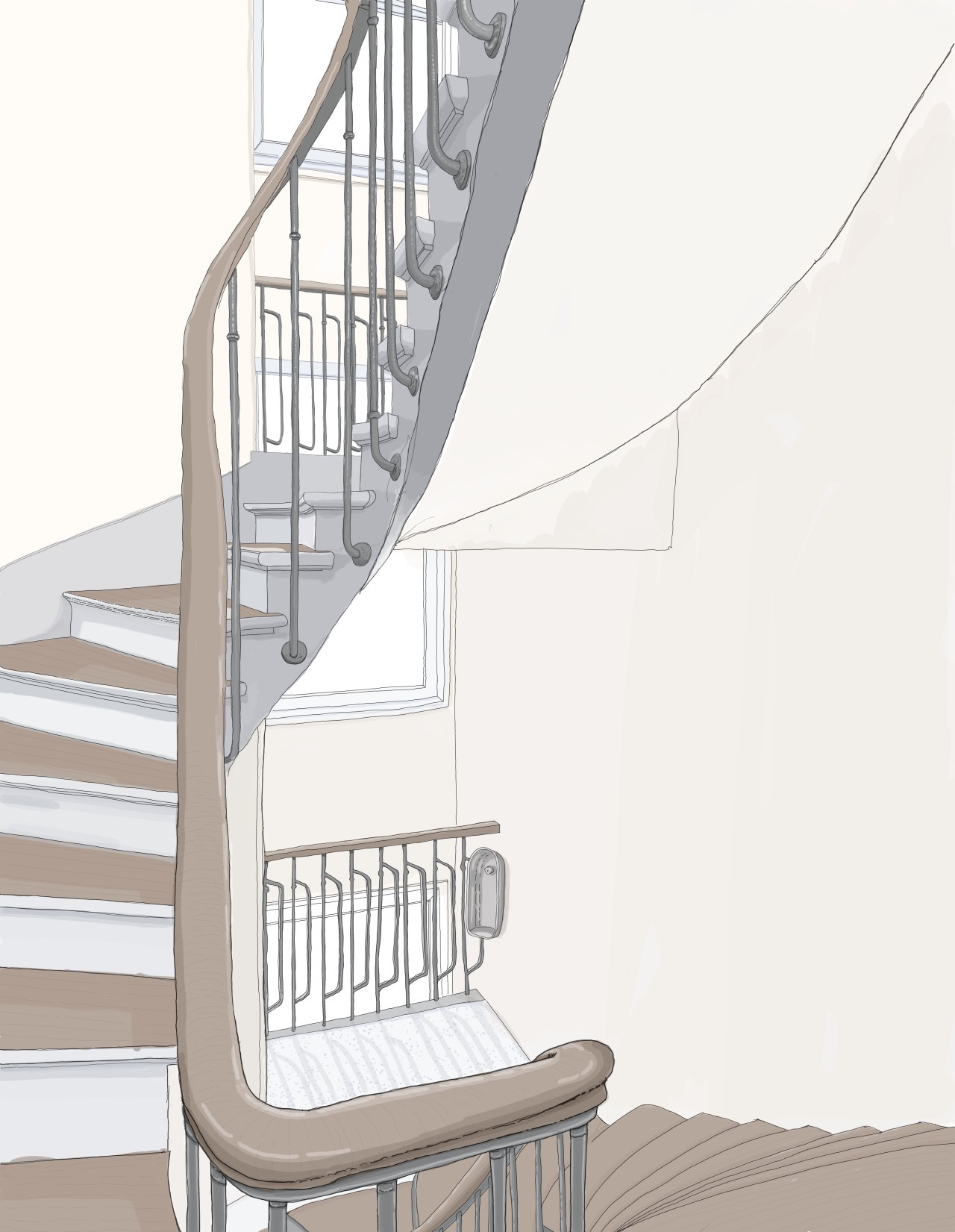 Vue perspective de l’état projeté des parties communes : cage d’escalier avec réfection des sols, remise en peinture et réaménagement.
