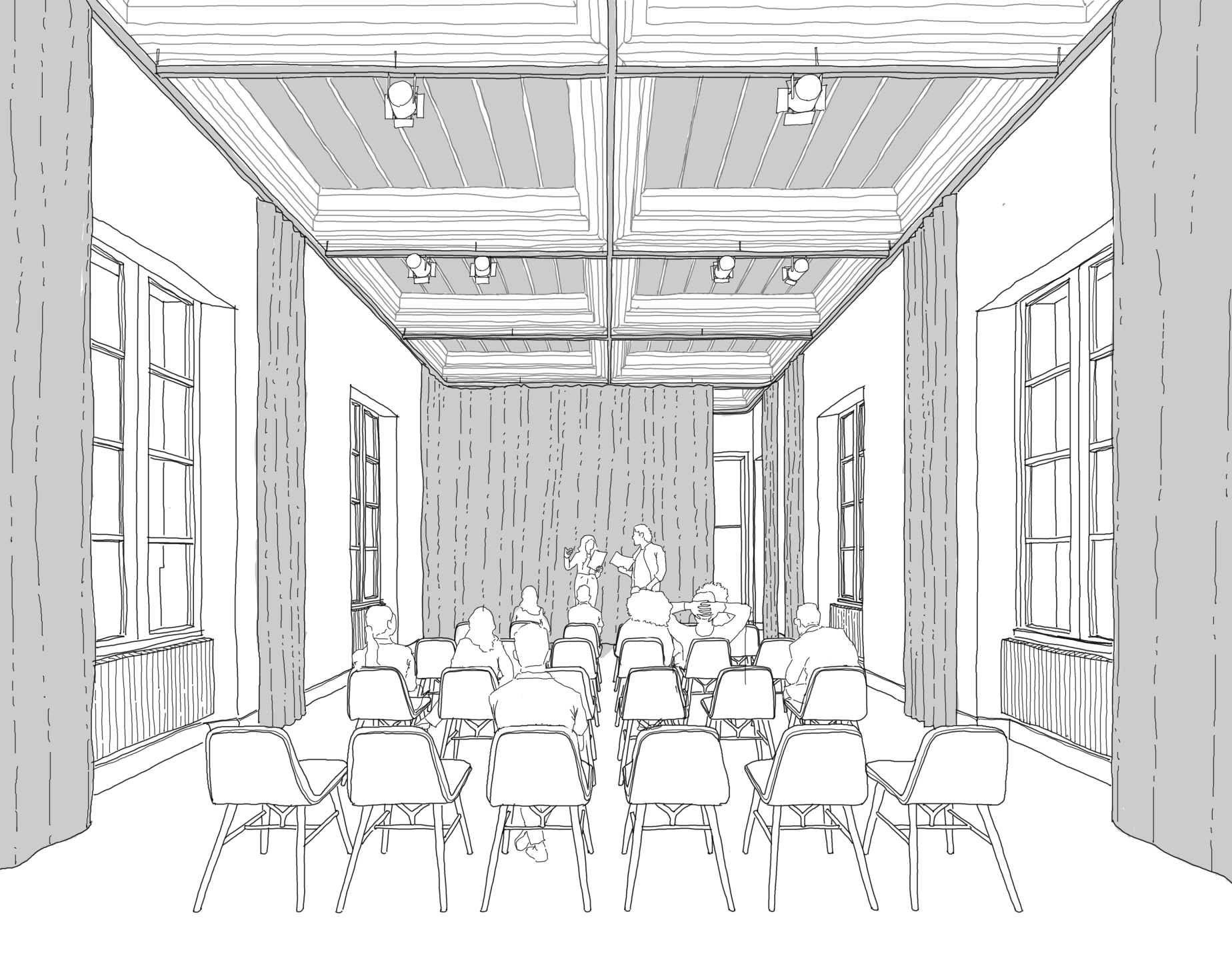 Perspective projet de la grande salle du pavillon Langlois