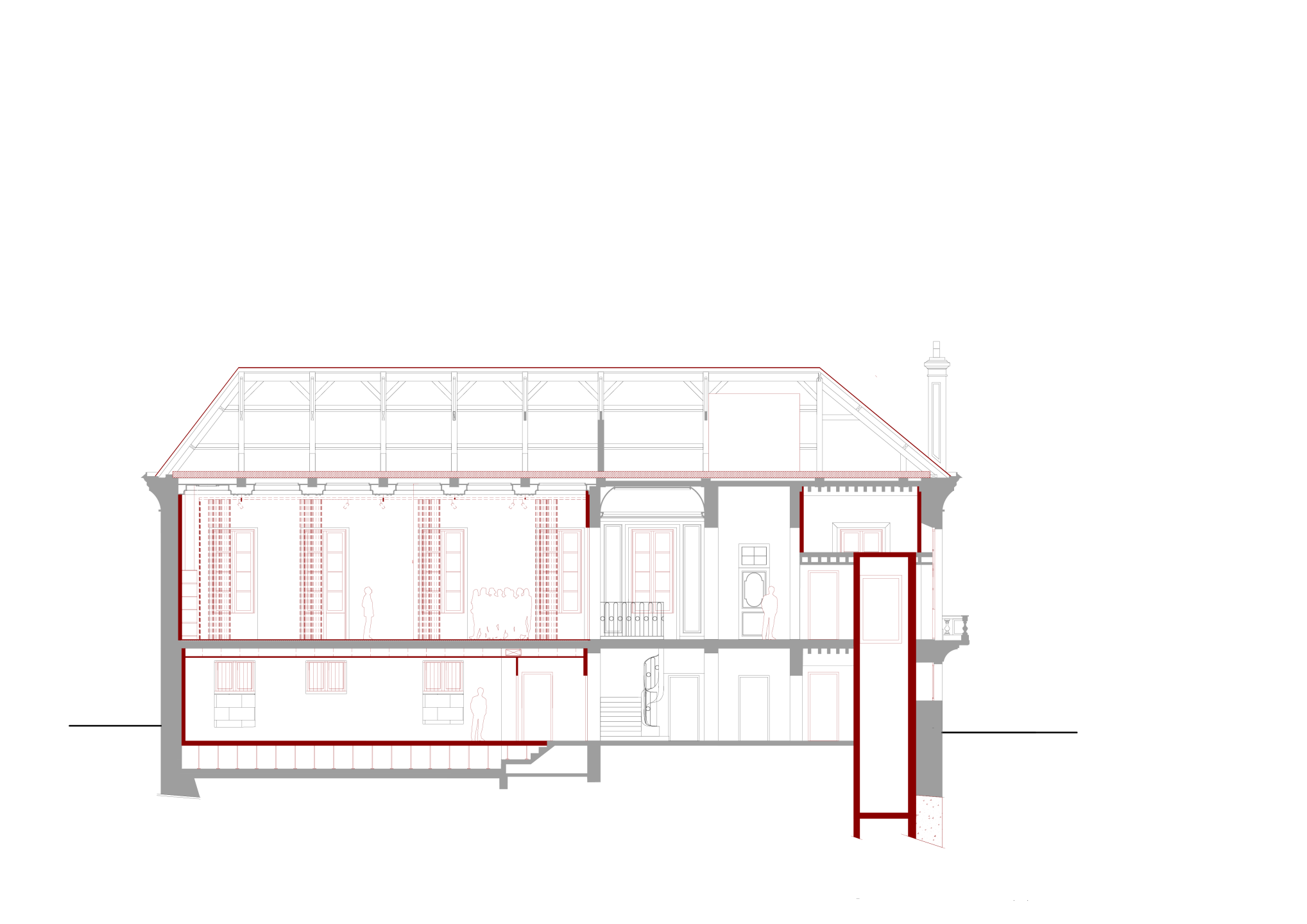 Coupe projet sur la grande salle du pavillon Langlois et sur l’ascenseur