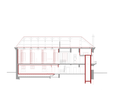 Coupe projet sur la grande salle du pavillon Langlois et sur l’ascenseur