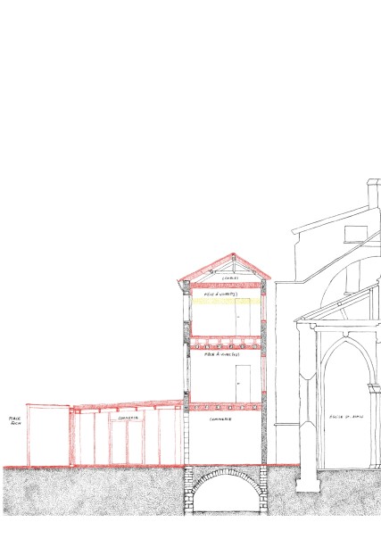 Coupe sur l’édifice - Noir, l’existant / Jaune, les démolitions envisagée / Rouge, les nouvelles constructions