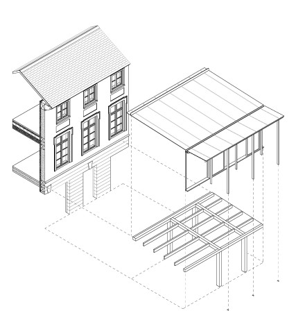 Axonométrie fragment de l’édifice existant et de l’extension projetée